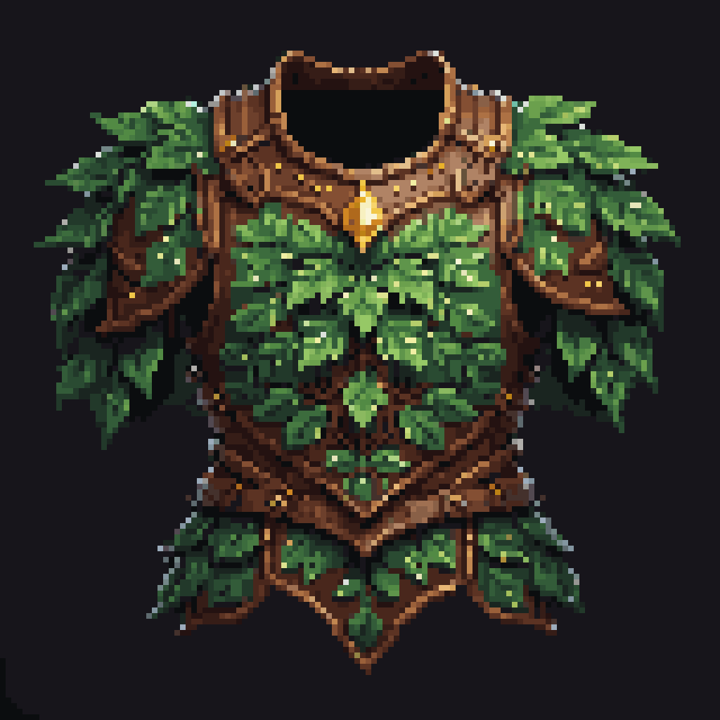 palettized-0127-3308408776-pixel art, cartoon illustration, leaf armor breastplate, simple black background, game icon _lora_game_icon_diablo_style_SDXL_0.png